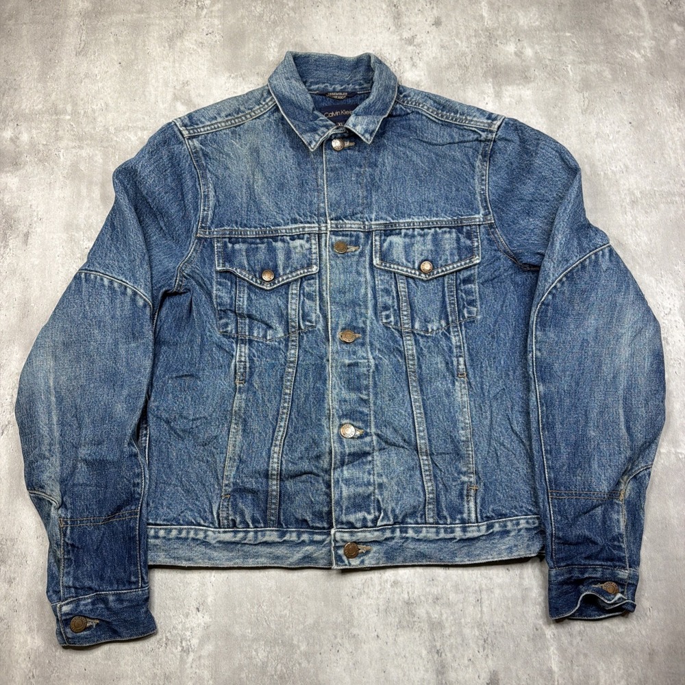 Vintage Calvin Klein Denim Jacket Fits Mens Small Blue Medium Wash Trucker 90s